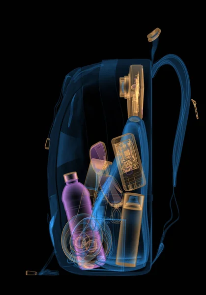 Backpacking under xray på säkerhetskontrollen. 3D illustration. — Stockfoto