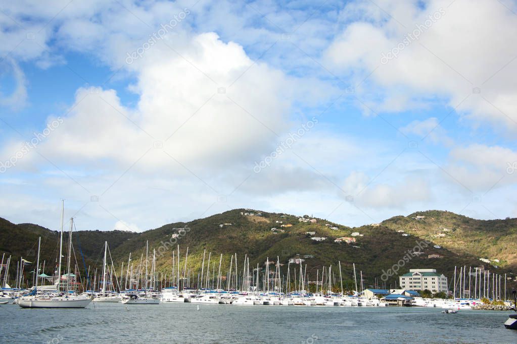 View towards the town, marina & landscape of Roadtown, Tortola, British Virgin Islands, Caribbean.