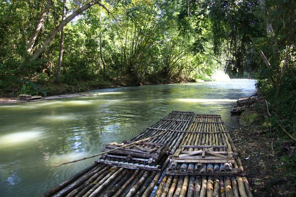 Bamboo rafts prepared & ready for a popular tourist day trip on the Martha Brae river, Falmouth, Jamaica. — Stock Photo, Image