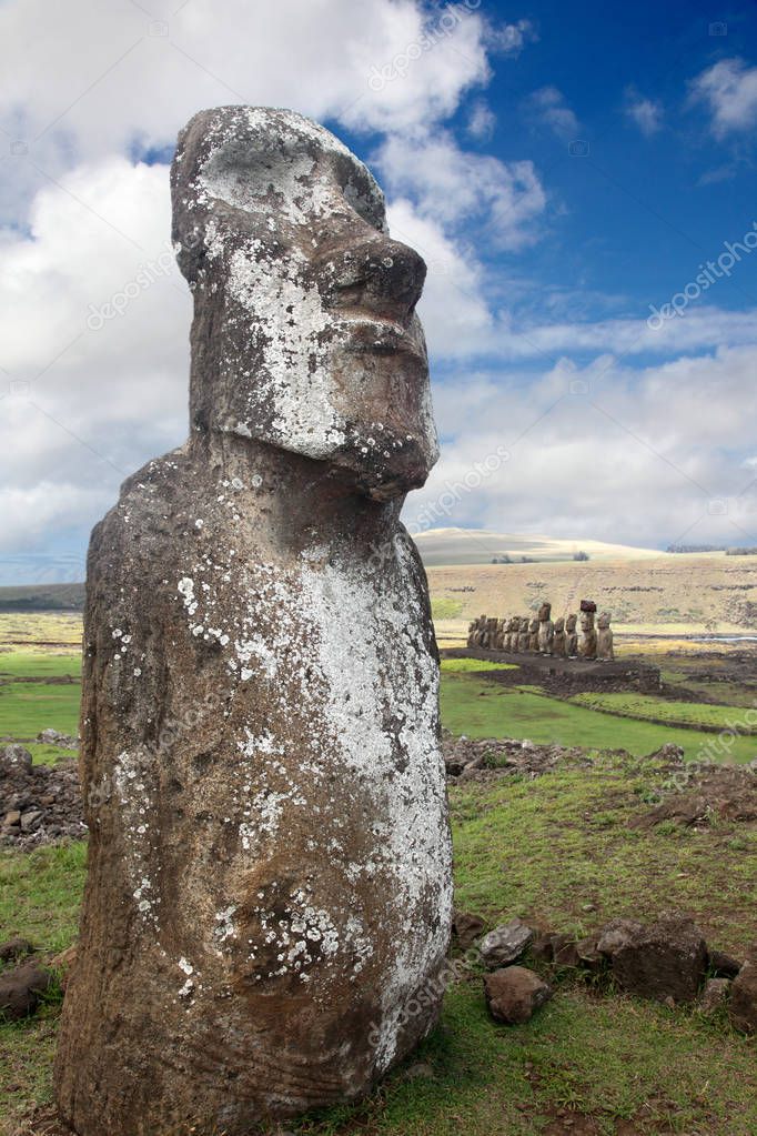Moai Statues In Ahu Tongariki, Easter Island, Chile Stock 