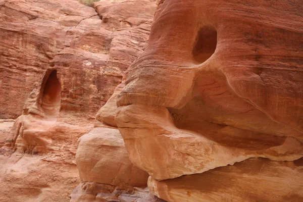 Roca roja con una cara, mientras caminas por el Siq hacia Petra, Jordania . —  Fotos de Stock