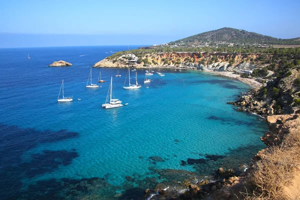 View South Coast Ibiza Showing Boats Anchored Bay Beautiful Landscape — Stock Photo, Image