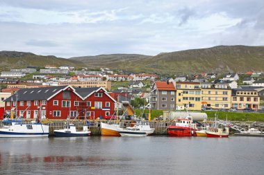 Town of Hammerfest with the port habour with fishing boats. Hammerfest is the northernmost town in the world with more than 10,000 inhabitants, county, Norway. clipart