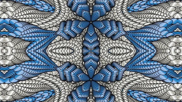 服装和纺织品印花用银纹的蓝色抽象对称背景 — 图库照片