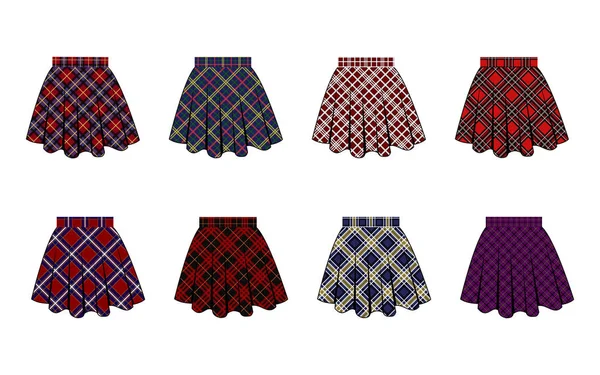 Bilder ausgestellter Röcke aus verschiedenen universitären Schottenmustern — Stockvektor