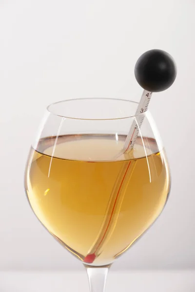 Mesurer la température du vin blanc avec un thermomètre à vin — Photo