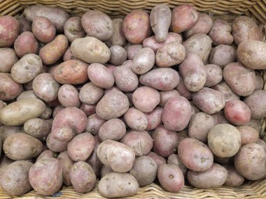 Çiğ patates, yemek geçmişi. Taze patates, markette çiğ organik altın patatesler. Yakın plan.