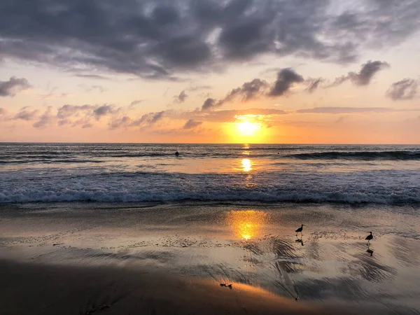 Pôr do sol colorido praia oceano de frente para o sol — Fotografia de Stock