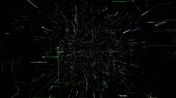 Spazio virtuale astratto verde. Illustrazione 3d che vola attraverso il tunnel dati digitale — Foto Stock