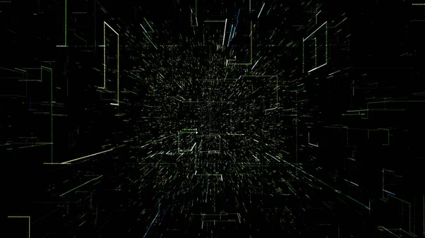 Spazio virtuale astratto verde. Illustrazione 3d che vola attraverso il tunnel dati digitale — Foto Stock