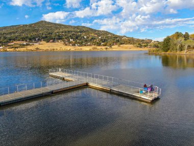 Aerial view of pier and dock at Lake Cuyamaca, California, USA clipart