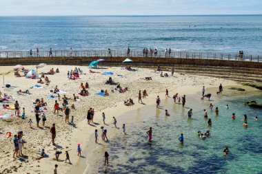 Sahile gidenler La Jolla Koyu 'nda güneşli bir günün tadını çıkarıyorlar.