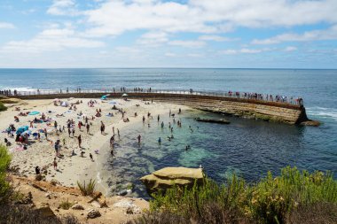 Sahile gidenler La Jolla Koyu 'nda güneşli bir günün tadını çıkarıyorlar.