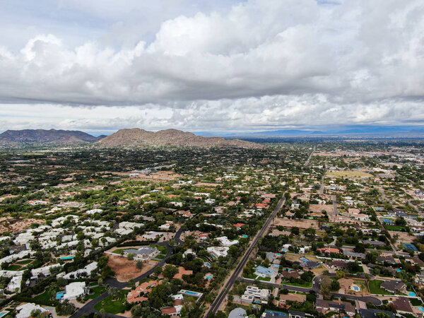 Aerial view of Scottsdale desert city in Arizona east of state capital Phoenix. Downtowns Old Town Scottsdale