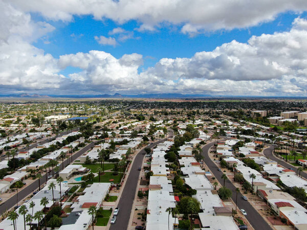 Aerial view of Scottsdale desert city in Arizona east of state capital Phoenix. Downtowns Old Town Scottsdale