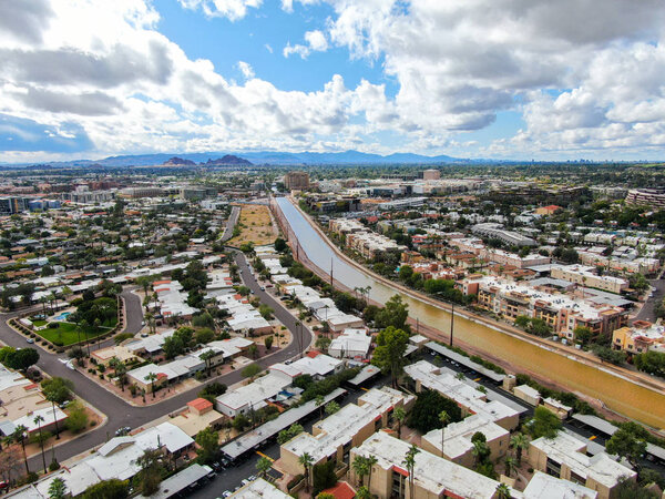 Aerial view of Scottsdale city with small river, desert city in Arizona east of state capital Phoenix. Downtowns Old Town Scottsdale