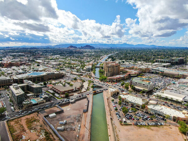 Aerial view of Scottsdale city with small river, desert city in Arizona east of state capital Phoenix. Downtowns Old Town Scottsdale