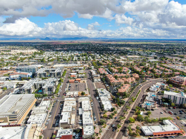 Aerial view of Scottsdale desert city in Arizona east of state capital Phoenix. Downtowns Old Town Scottsdale