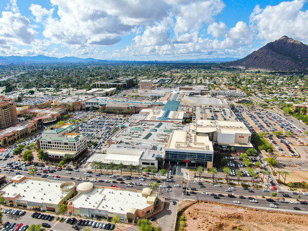 Aerial view of mega shopping mall in Scottsdale, desert city in Arizona east of state capital Phoenix. Downtowns Old Town Scottsdale. Phoneix, USA November, 25th, 2019