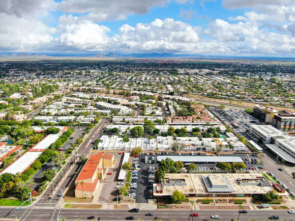Aerial view of mega shopping mall in Scottsdale, desert city in Arizona east of state capital Phoenix. Downtowns Old Town Scottsdale. Phoneix, USA November, 25th, 2019