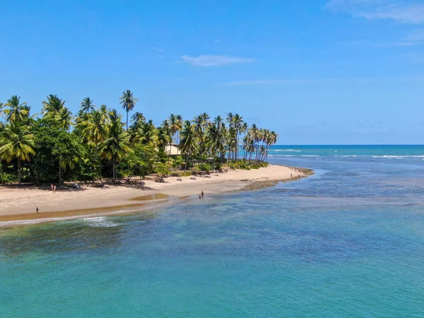 Vista aérea de la playa tropical de arena blanca, palmeras y agua de mar turquesa en Praia do Forte — Foto de Stock
