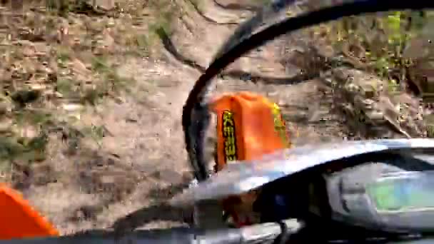 Front view motorcross bike accelerating in dirt off road trail in the forest — 비디오