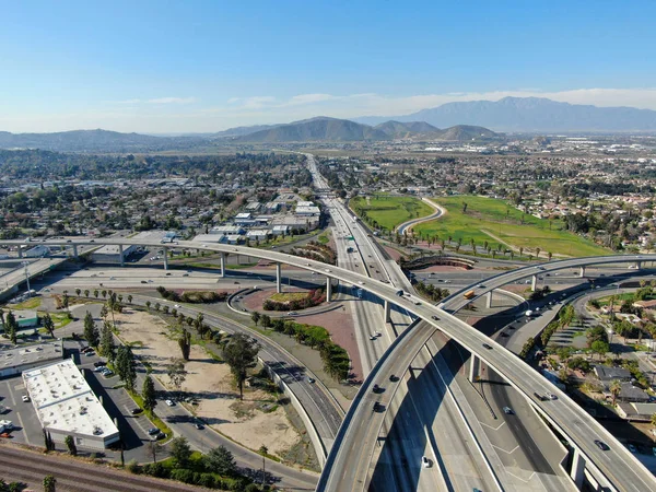 Aerial view of highway interchange and junction in Riverside, California.
