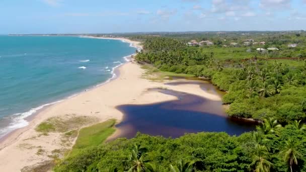 Aerial top view of river merging to tropical white sand beach and turquoise clear ocean — Stockvideo