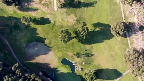 Vadide yeşil arazili golf sahasının havadan görünüşü. — Stok video