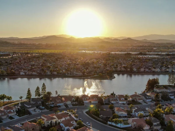 Aerial view of Menifee neighborhood, residential subdivision vila during sunset. — Stock Photo, Image