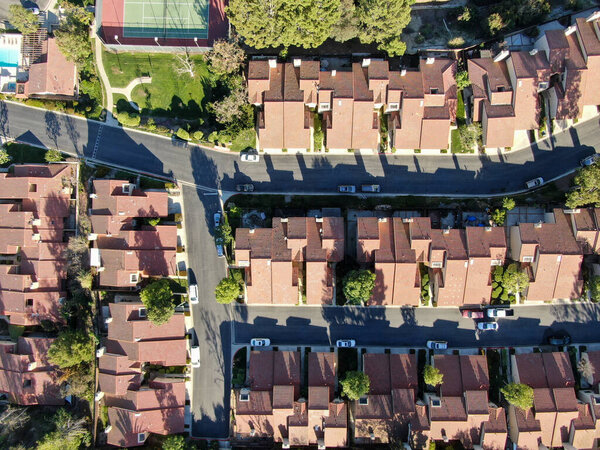 Aerial top view of residential subdivision house in Diamond Bar, Eastern Los Angeles, California, USA
