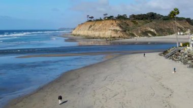 Del Mar Kuzey Sahili 'nde tasmasız köpek kumsalı. İnsanlar sahilde köpekleriyle yürüyor ve oynuyorlar.