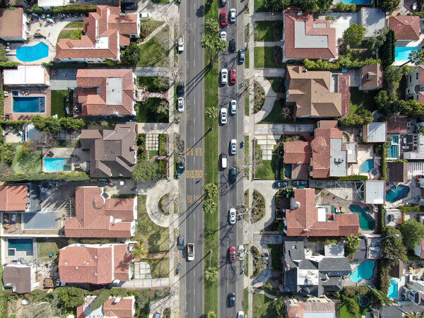 Aerial top view of wealthy area with big houses and small street in Central Los Angeles , California. USA