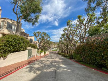 Tipik apartman kompleksi boyunca yürüme yolu boyunca temiz bahçe ve çimenler..