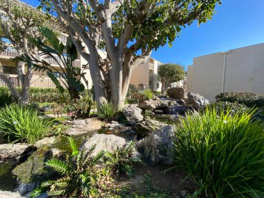 Tipik apartman kompleksi binası boyunca yürüme yolu boyunca bahçe ve çimenler..