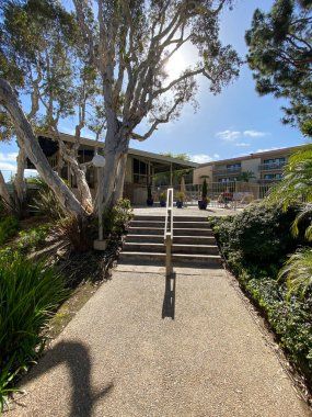 Tipik apartman kompleksi binası boyunca yürüme yolu boyunca bahçe ve çimenler..