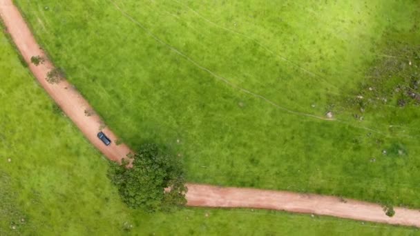 Vue aérienne de la voiture conduisant à travers un petit chemin de terre au milieu de la vallée tropicale verte .