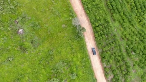 Вид з повітря на машину, що рухається по невеликій брудній дорозі посеред зеленої тропічної долини . — стокове відео