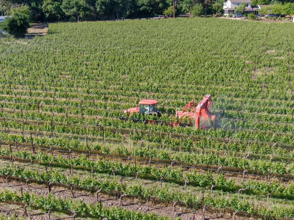 Ackerschlepper versprüht Pestizide und Insektizide Herbizide auf grünem Weinbergfeld. — Stockfoto