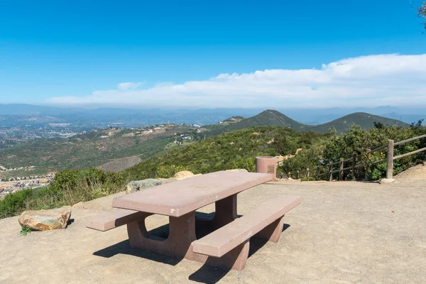 Resting area with bench on the top of the Double Peak Park in San Marcos