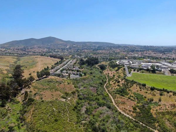 Vista aérea del barrio de clase media alta con casas residenciales en el valle verde — Foto de Stock