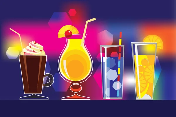 alkol içki içecek gözlük kokteyller, suyu, renkli arka plan üzerinde. İçecekler ilüstrasyonlar vektör ayarla