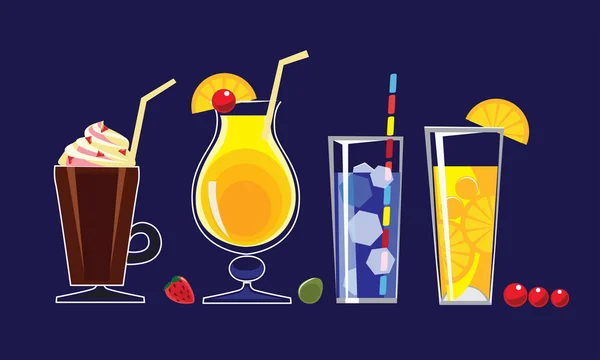 Алкоголь пьет напитки в стаканах коктейлей, сок, на темном фоне. Векторный набор иллюстраций напитков Стоковая Иллюстрация