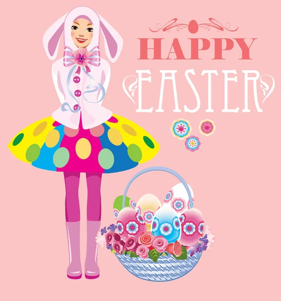 Happy easter, cute girl with basket of eggs — Stock Vector