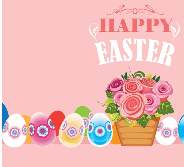 Glad påsk, affisch kort med korg blommor och ägg — Stock vektor