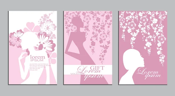 dizi dikey sanatsal pembe kartları, çiçek ve siluet kadınlar, poster, kart, davet, afiş, broşür, el ilanı tasarımı