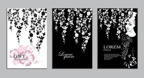 dizi dikey sanatsal siyah kartları, çiçek ve siluet kadınlar, poster, kart, davet, afiş, broşür, el ilanı tasarımı