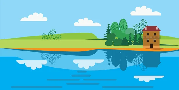 Illustrazione vettoriale piatta del disegno paesaggistico di una piccola casa sulla riva del fiume — Vettoriale Stock