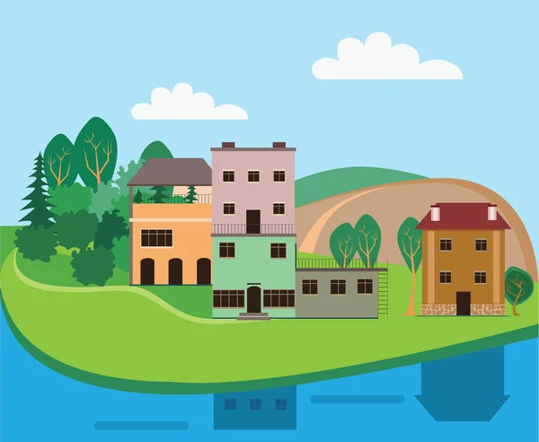 manzara nehir kıyısında yansıması ile küçük bir ev çizim düz vektör çizim