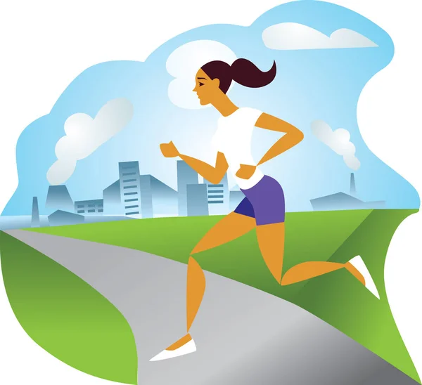 Şehrin arka planında koşan kız, çizgi film şehir stili, Clipart spor, sağlık, koşu, fitness